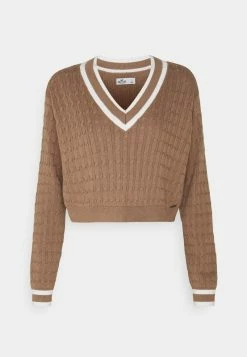 Hollister Co. CROP EASY TIPPED V NECK - Strickpullover - Light Brown | Damen -Hollister Geschäft 422a2567df6b4f72b35af5632bdf66f2