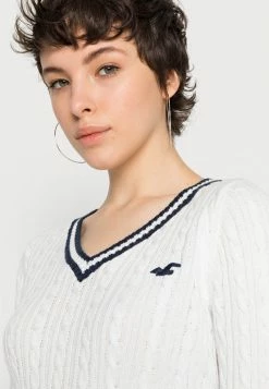 Hollister Co. ICON CABLE V NECK - Strickpullover - White/navy Tipping | Damen -Hollister Geschäft 589fd3d542e84e41aeb2e995e0cba211
