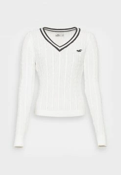 Hollister Co. ICON CABLE V NECK - Strickpullover - White/navy Tipping | Damen -Hollister Geschäft 8a03f7d6df6c40abbe52cbf02ce88671