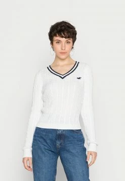 Hollister Co. ICON CABLE V NECK - Strickpullover - White/navy Tipping | Damen